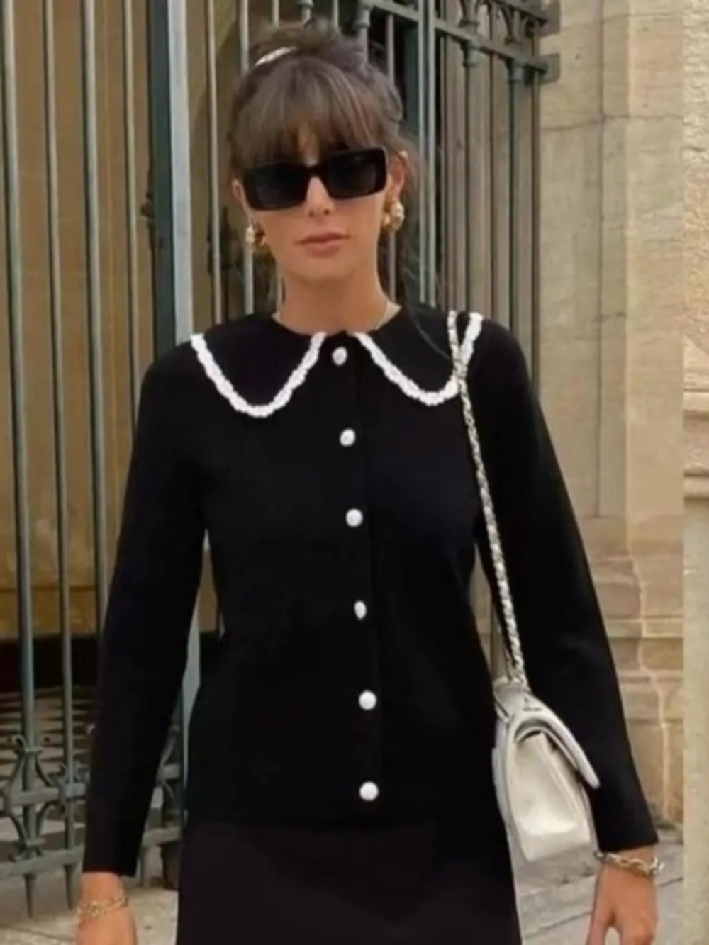 Sezane Black Knit Cardigan with White Trim Collar